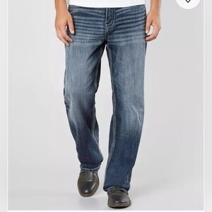 BKE Denim Mens Seth Classic Straight Jeans Blue Faded Dark Wash Stitching 40x31